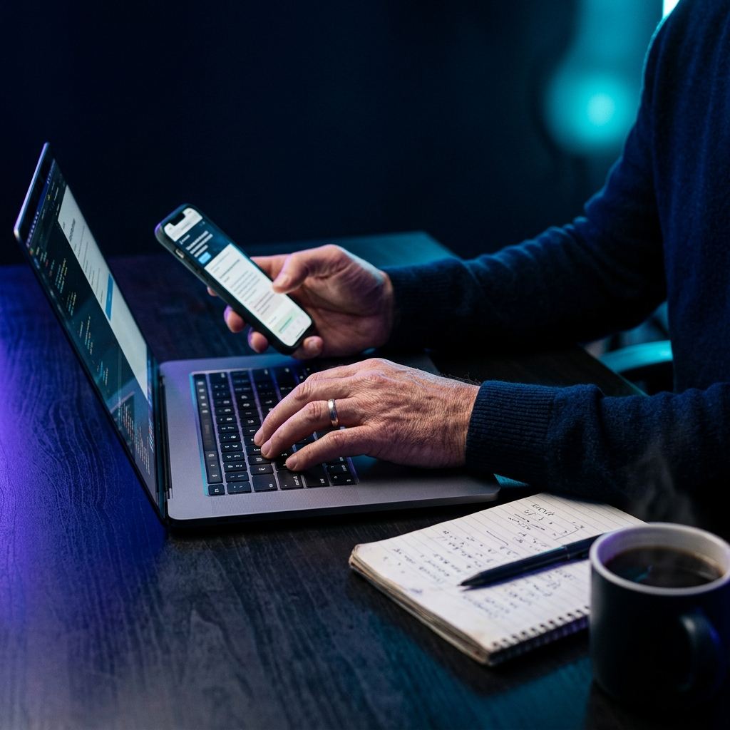 Взрослый осваивает ноутбук и смартфон