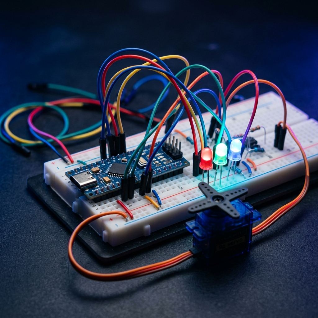 Плата Arduino с проводами и светодиодами