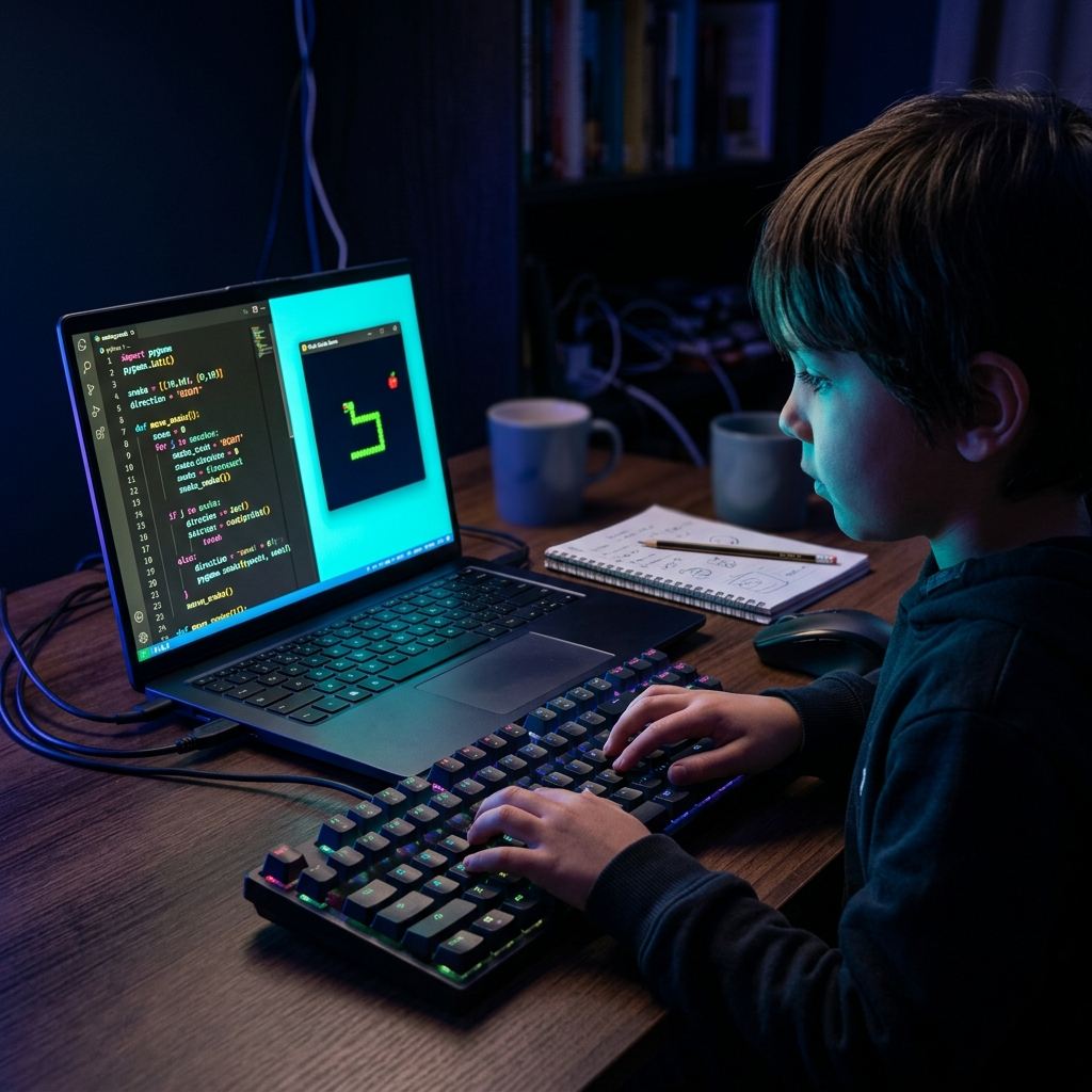 Код на Python и игра «Змейка» на экране